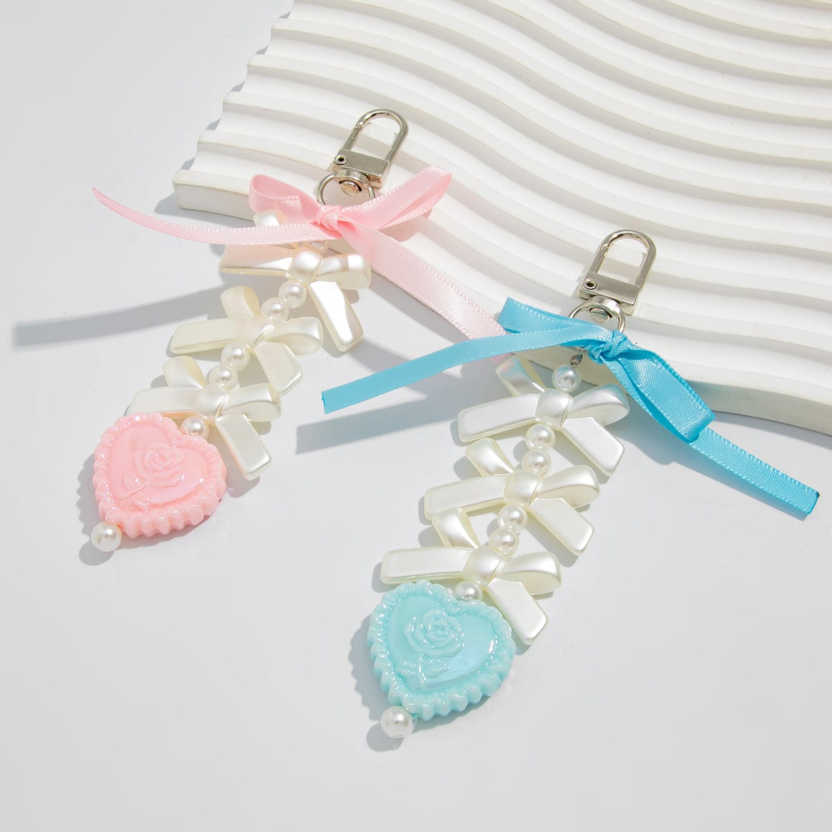 Sweet Ribbon Bowknot Floral Heart Charm Pearl Beaded Keychain Set - ArtGalleryZen