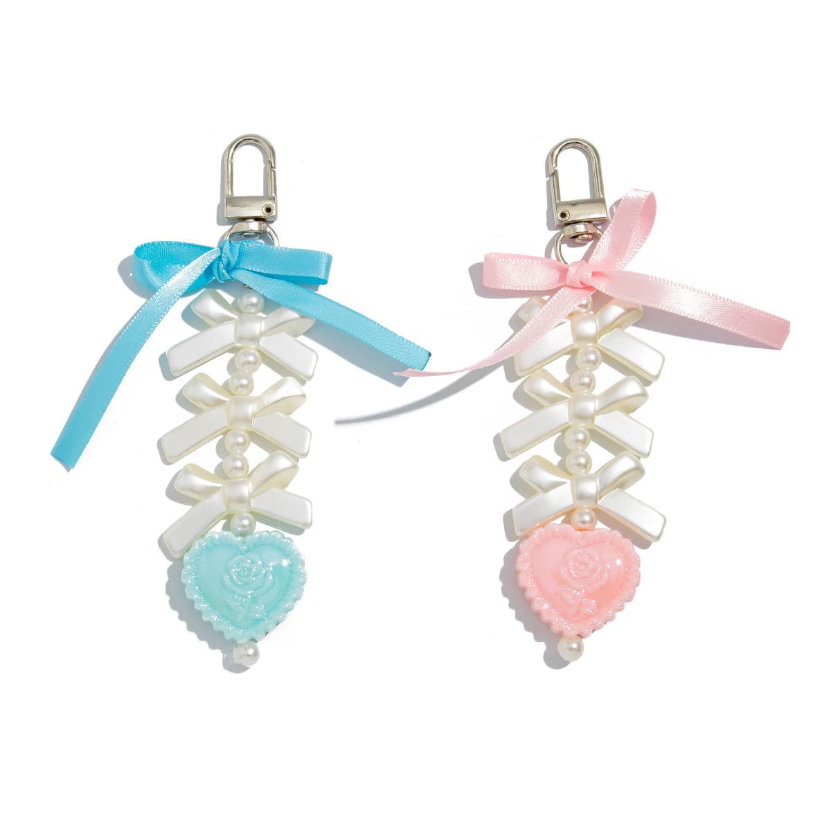 Sweet Ribbon Bowknot Floral Heart Charm Pearl Beaded Keychain Set - ArtGalleryZen