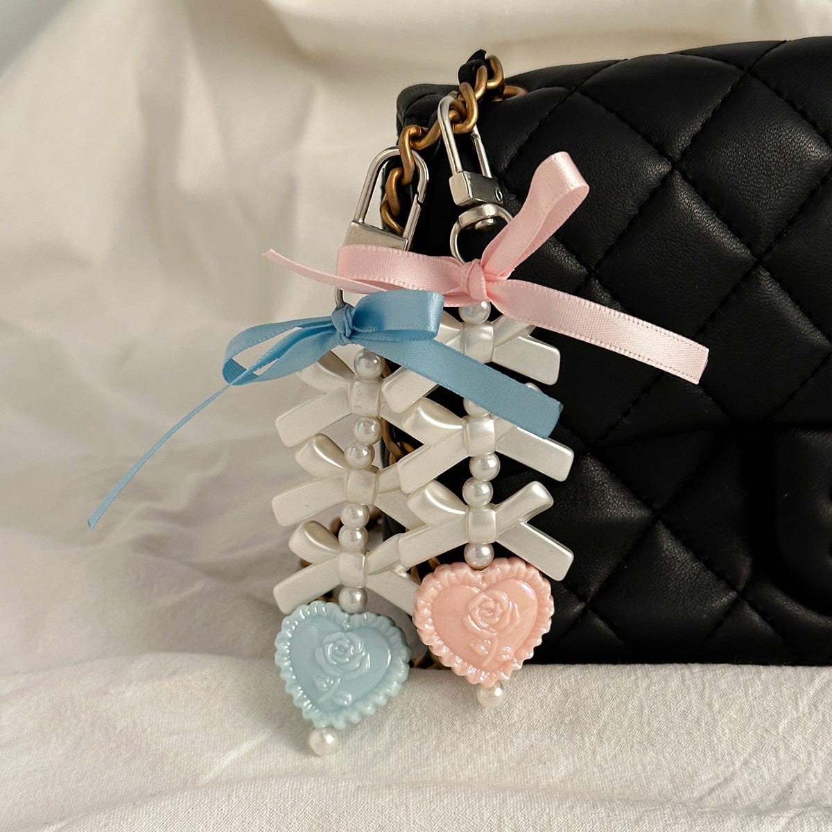 Sweet Ribbon Bowknot Floral Heart Charm Pearl Beaded Keychain Set - ArtGalleryZen