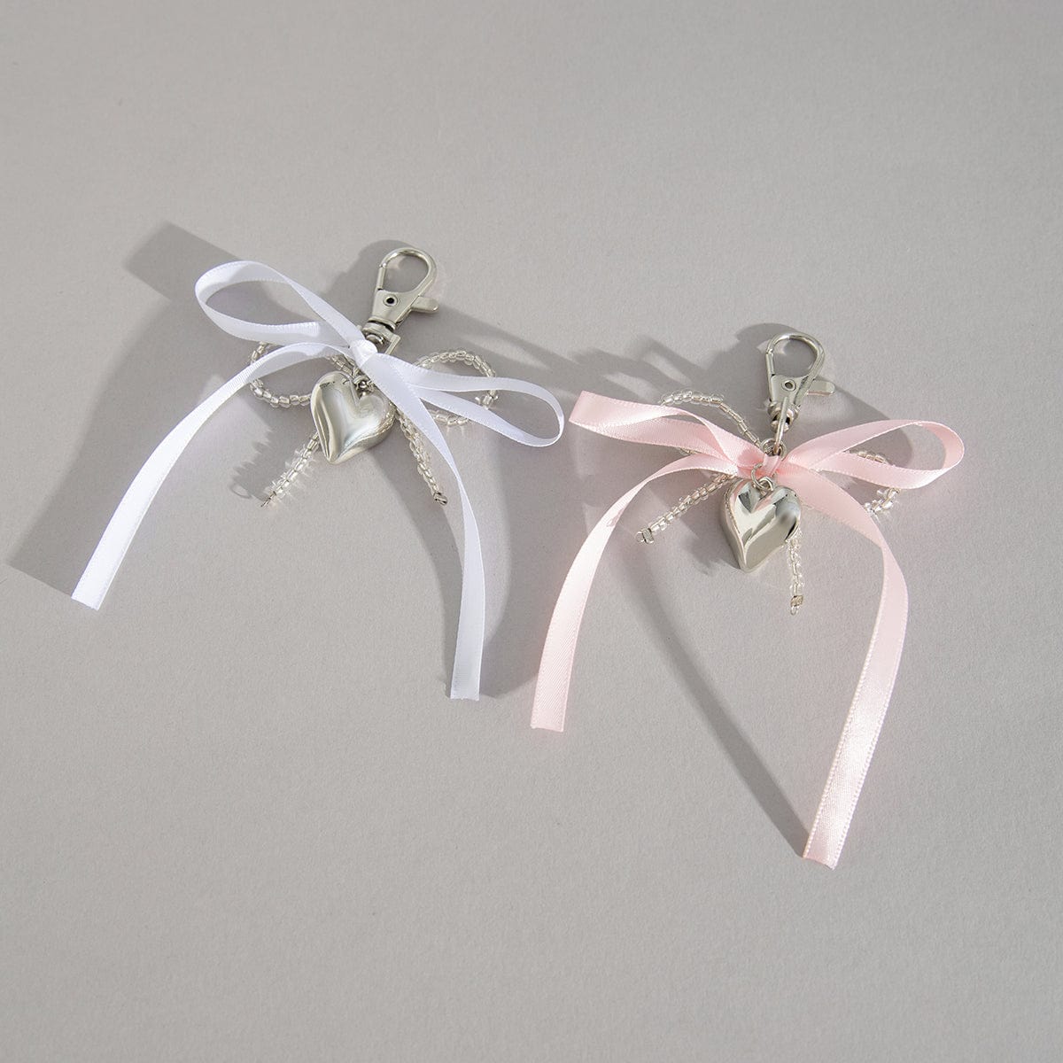 Sweet Ribbon Bowknot Heart Charm Seed Beaded Keychain Set - ArtGalleryZen