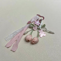 Thumbnail for Sweet Tulip Bowknot Pearl Lace Charm Heart Keychain - ArtGalleryZen