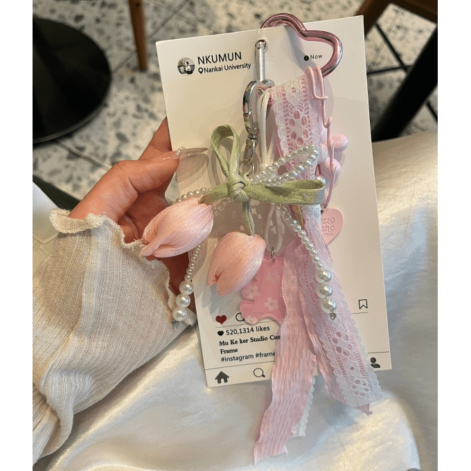 Sweet Tulip Bowknot Pearl Lace Charm Heart Keychain - ArtGalleryZen