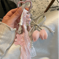 Thumbnail for Sweet Tulip Bowknot Pearl Lace Charm Heart Keychain - ArtGalleryZen