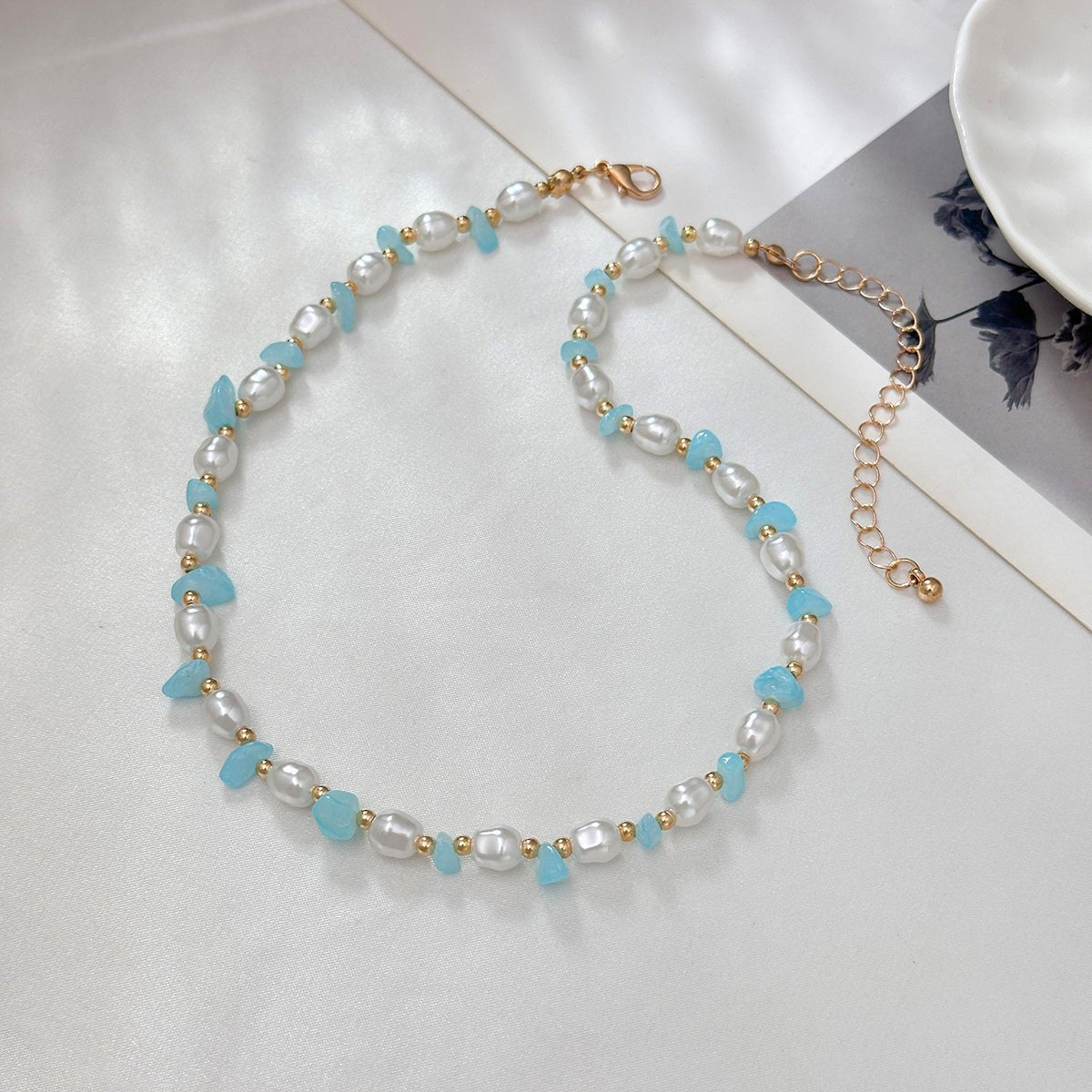 Sweet Turquoise Stone Pearl Beaded Chain Choker Necklace - ArtGalleryZen