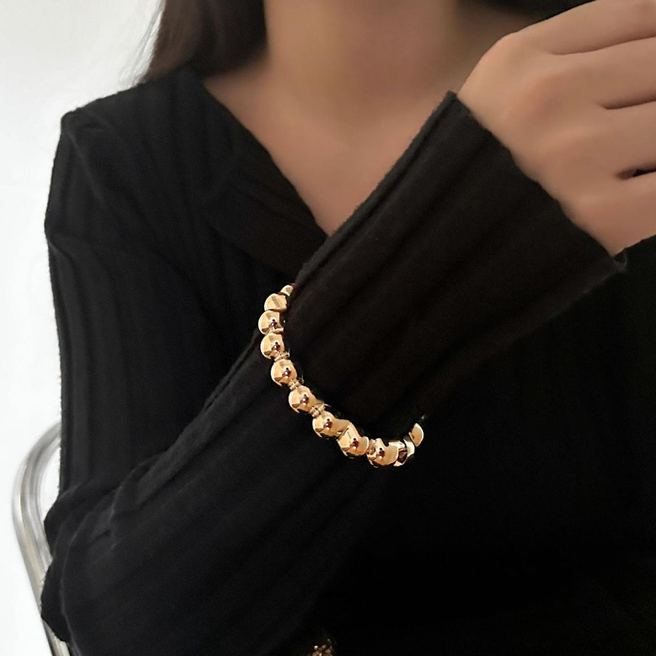 Temperament Chunky Gold Silver Tone Oval Beaded Bracelet