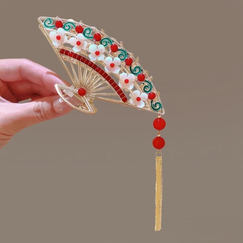 Temperament Flower Pearl Inlaid Tassel Fan Shaped Hair Claw - ArtGalleryZen