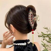 Thumbnail for Temperament Flower Pearl Inlaid Tassel Fan Shaped Hair Claw - ArtGalleryZen
