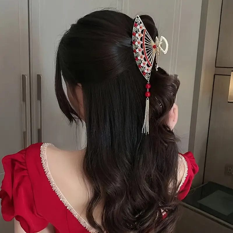 Temperament Flower Pearl Inlaid Tassel Fan Shaped Hair Claw - ArtGalleryZen