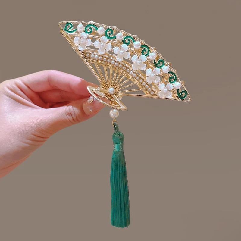 Temperament Flower Pearl Inlaid Tassel Fan Shaped Hair Claw