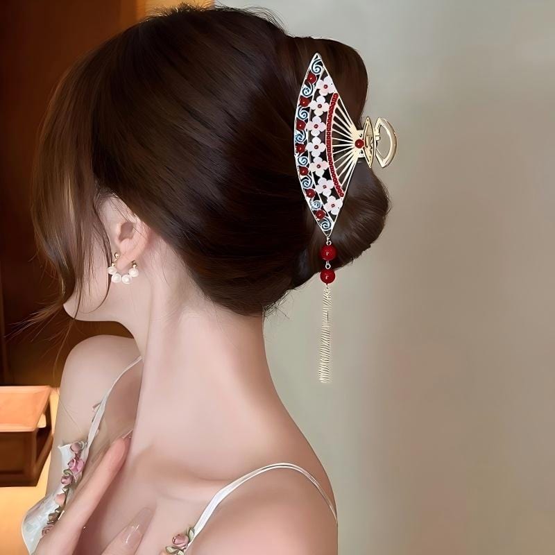 Temperament Flower Pearl Inlaid Tassel Fan Shaped Hair Claw