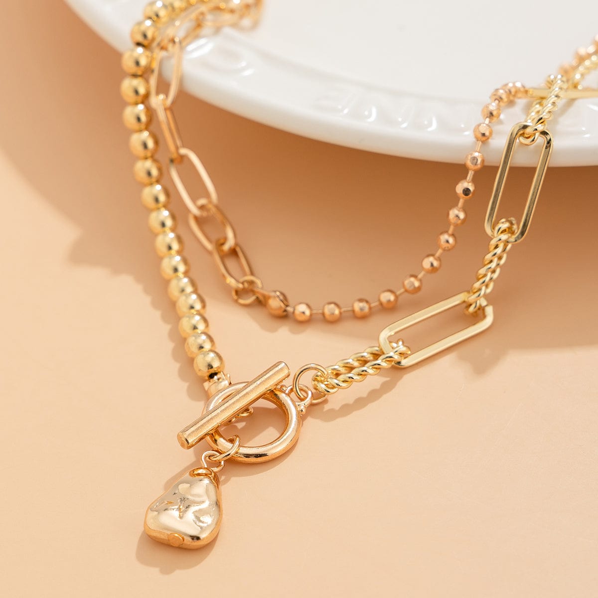 Temperament Textured Waterdrop Pendant Ball Curb Chain Necklace