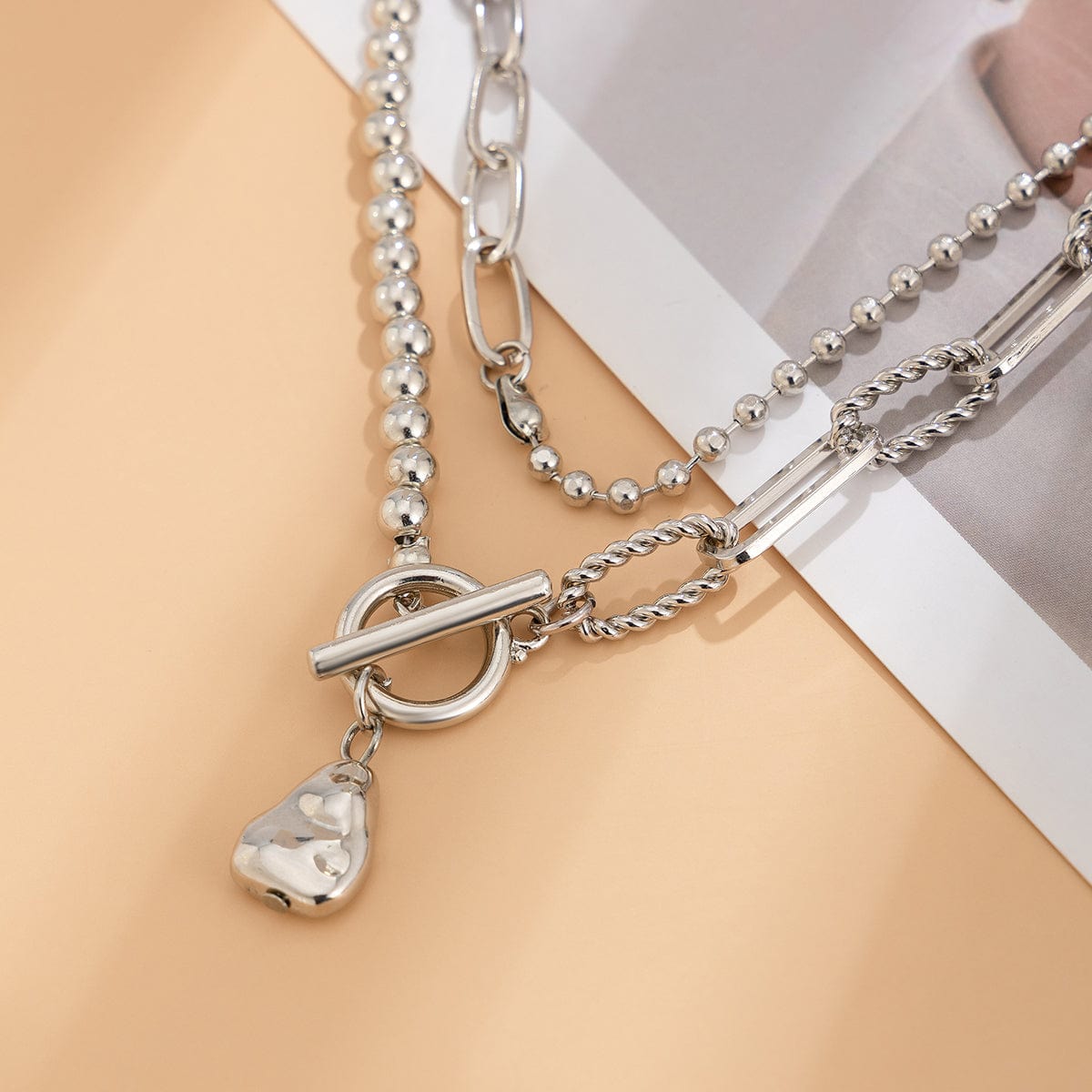 Temperament Textured Waterdrop Pendant Ball Curb Chain Necklace