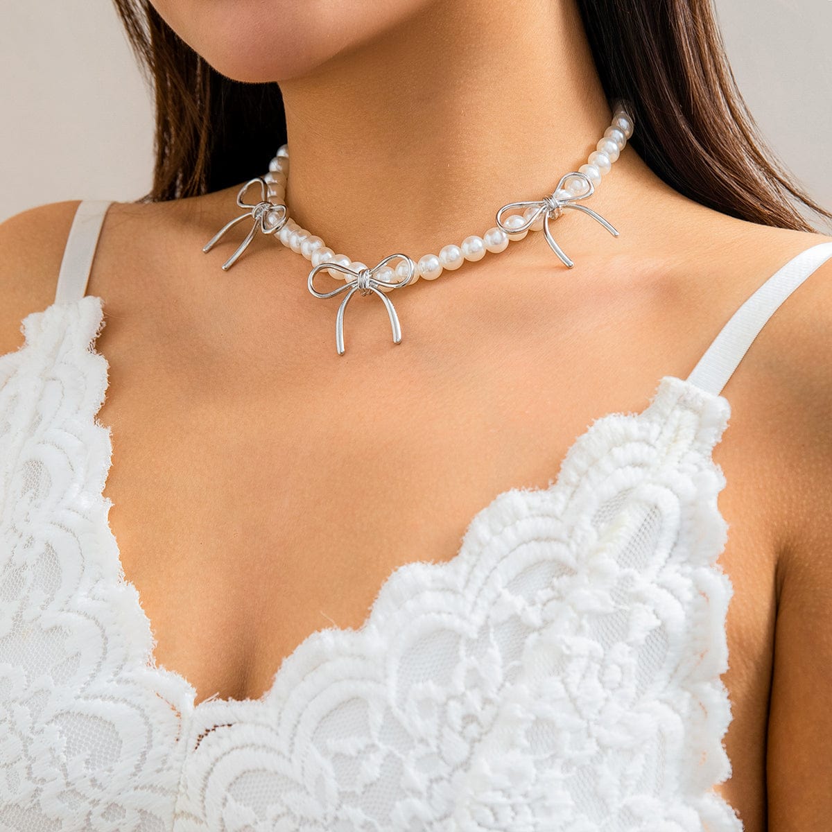 Temperament Tiny Bowknot Pearl Chain Choker Necklace - ArtGalleryZen