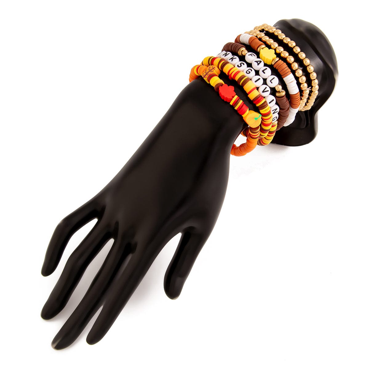 Thanksgiving 5pcs Maple Leaf Pumpkin Charm Letter Polymer Clay Beaded Bracelet Set - ArtGalleryZen