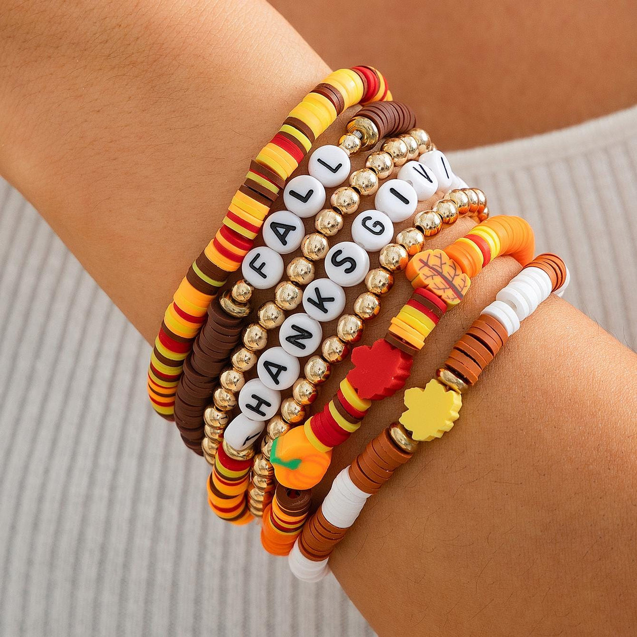 Thanksgiving 5pcs Maple Leaf Pumpkin Charm Letter Polymer Clay Beaded Bracelet Set - ArtGalleryZen