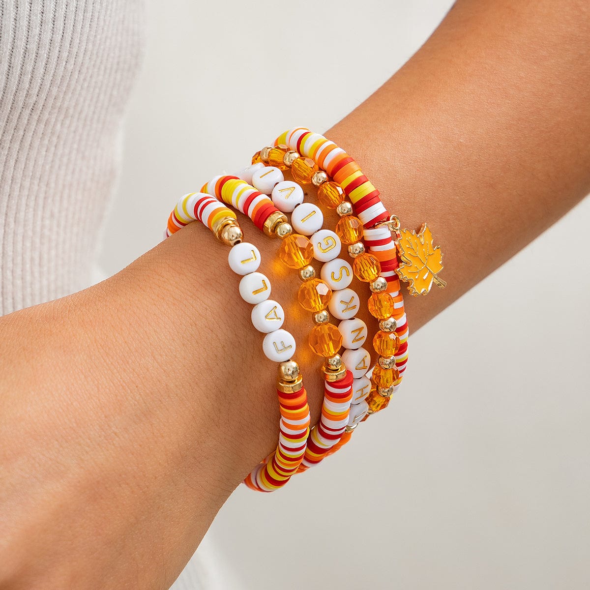 Thanksgiving Layered Maple Leaf Charm Letter Crystal Beaded Stackable Bracelet Set - ArtGalleryZen