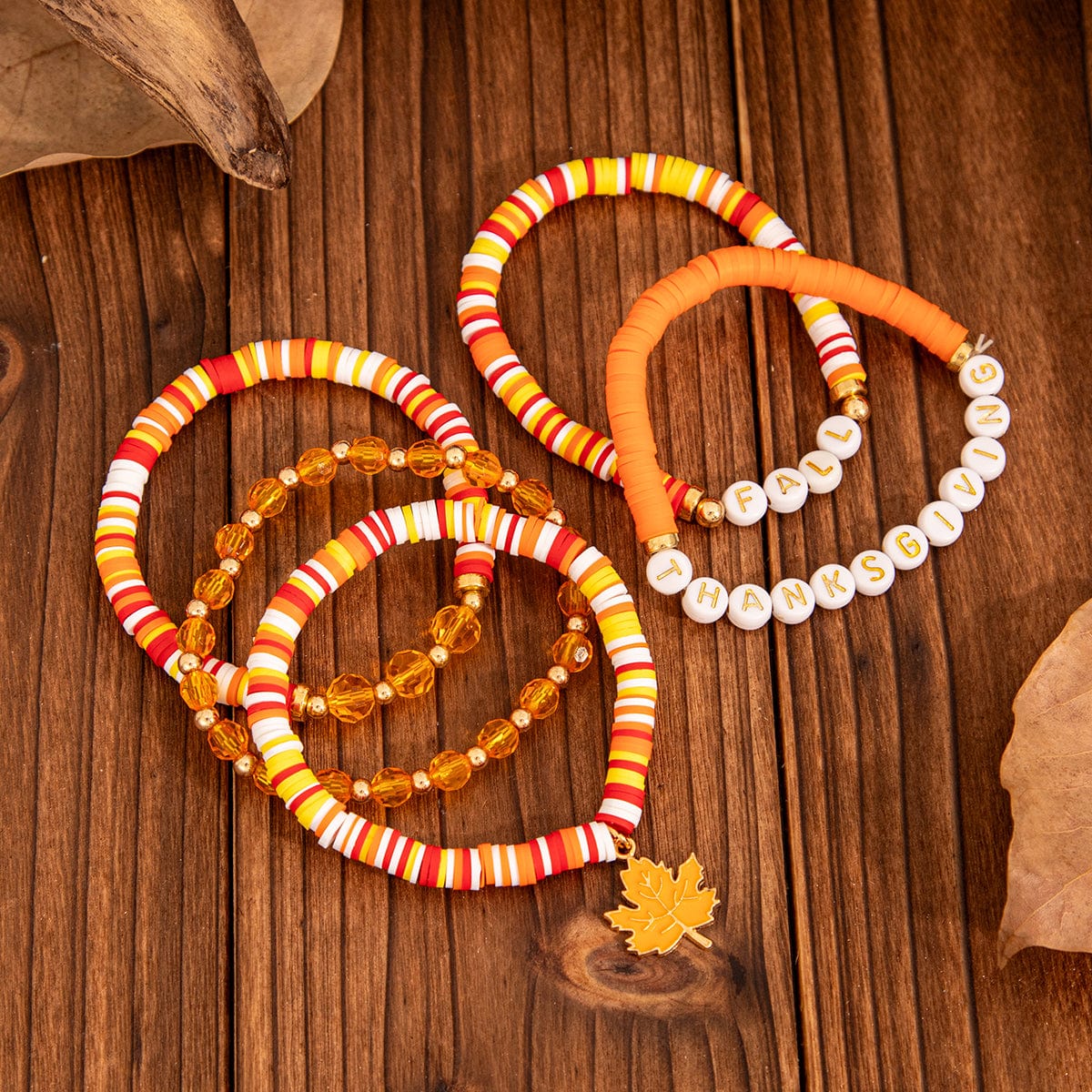 Thanksgiving Layered Maple Leaf Charm Letter Crystal Beaded Stackable Bracelet Set - ArtGalleryZen