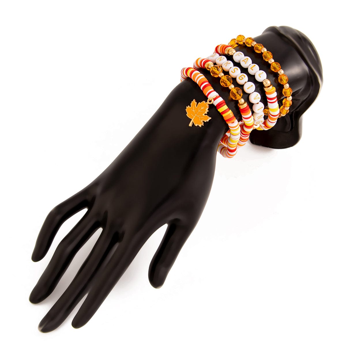 Thanksgiving Layered Maple Leaf Charm Letter Crystal Beaded Stackable Bracelet Set - ArtGalleryZen