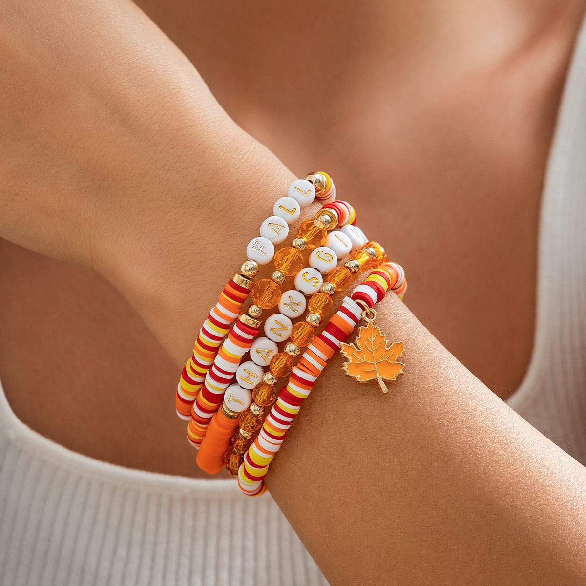 Thanksgiving Layered Maple Leaf Charm Letter Crystal Beaded Stackable Bracelet Set