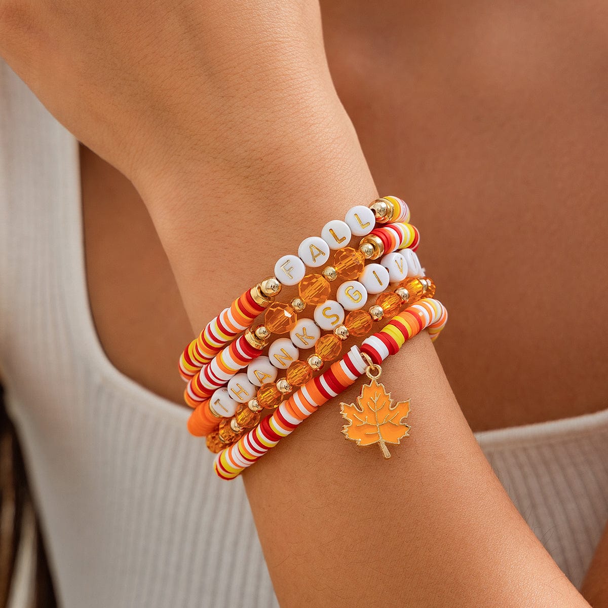 Thanksgiving Layered Maple Leaf Charm Letter Crystal Beaded Stackable Bracelet Set