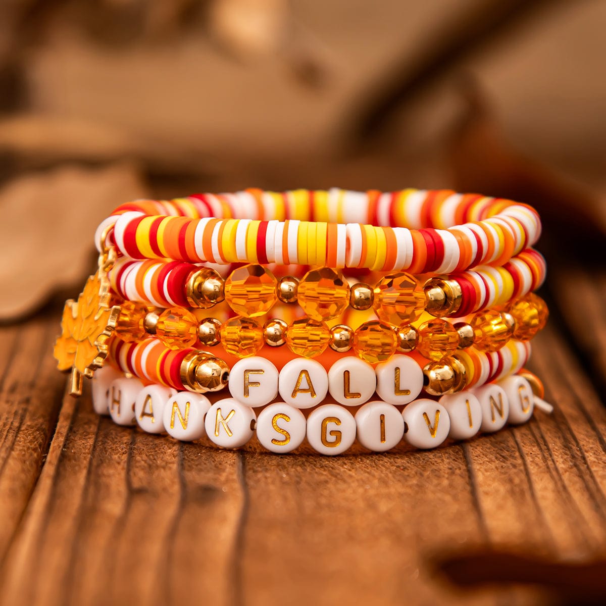 Thanksgiving Layered Maple Leaf Charm Letter Crystal Beaded Stackable Bracelet Set