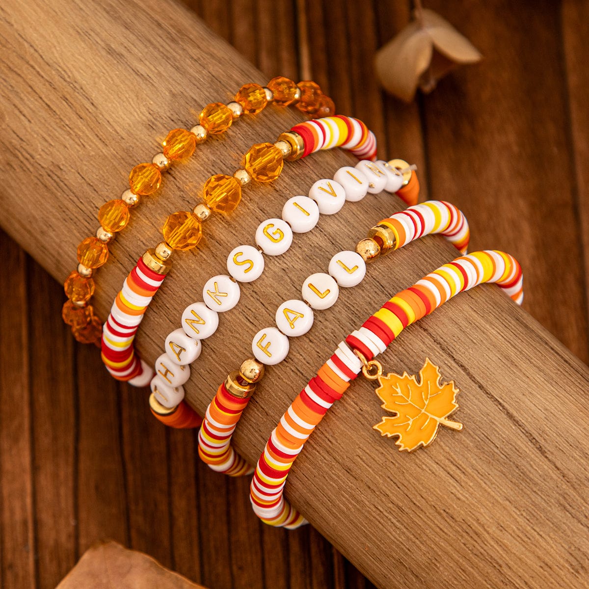 Thanksgiving Layered Maple Leaf Charm Letter Crystal Beaded Stackable Bracelet Set