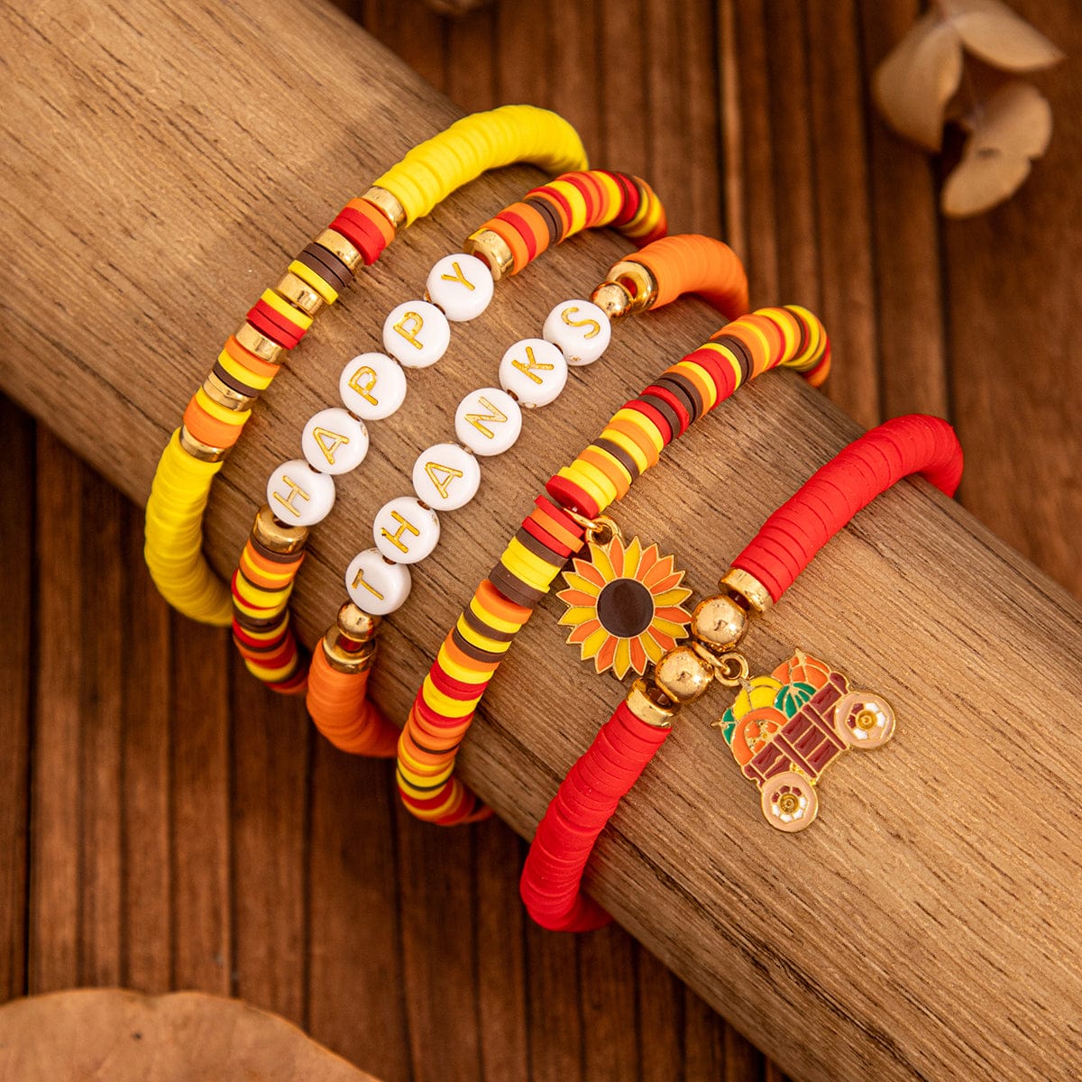 Thanksgiving Layered Sunflower Pumpkin Pendant Letter Polymer Clay Bracelet Set - ArtGalleryZen