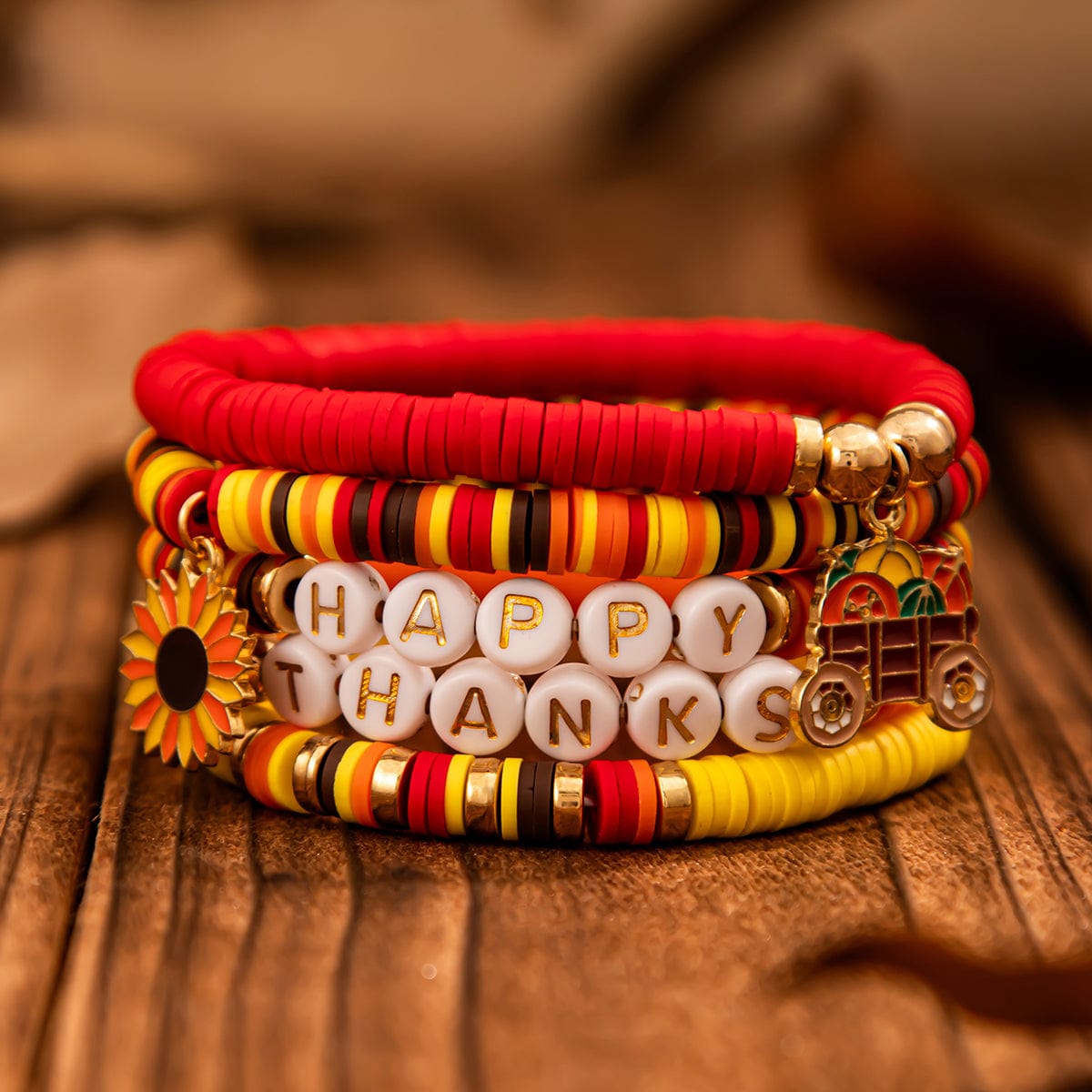 Thanksgiving Layered Sunflower Pumpkin Pendant Letter Polymer Clay Bracelet Set - ArtGalleryZen