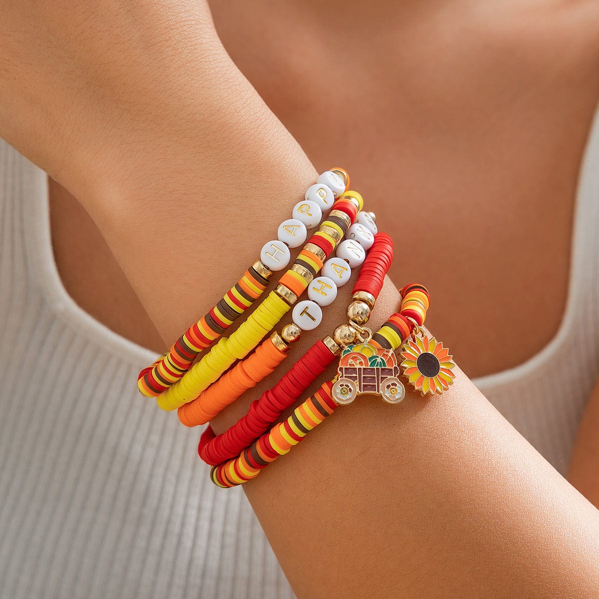 Thanksgiving Layered Sunflower Pumpkin Pendant Letter Polymer Clay Bracelet Set - ArtGalleryZen