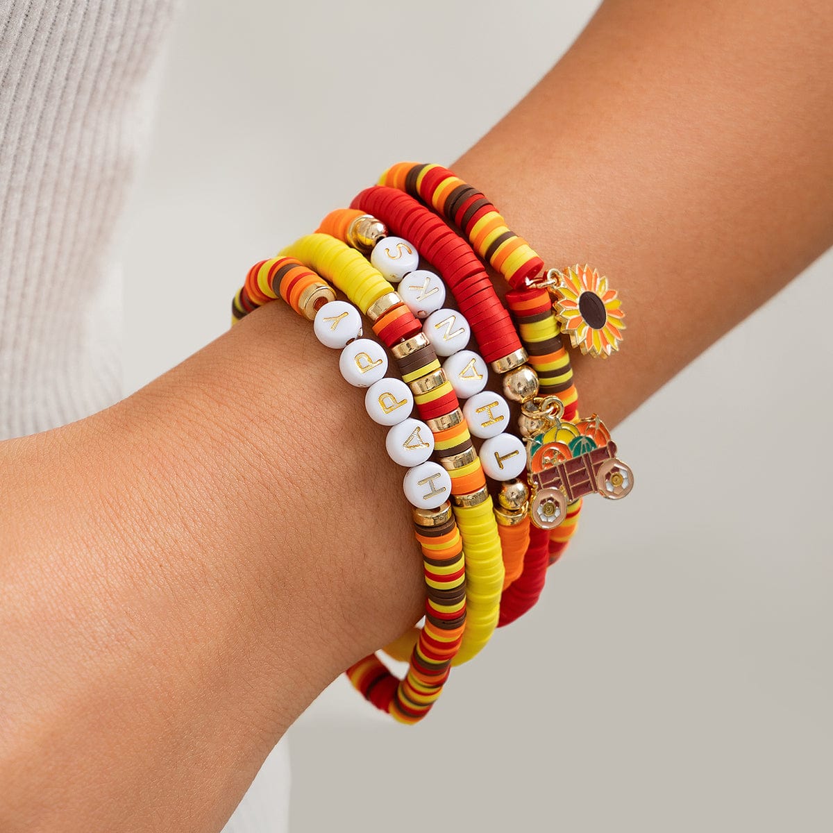 Thanksgiving Layered Sunflower Pumpkin Pendant Letter Polymer Clay Bracelet Set - ArtGalleryZen