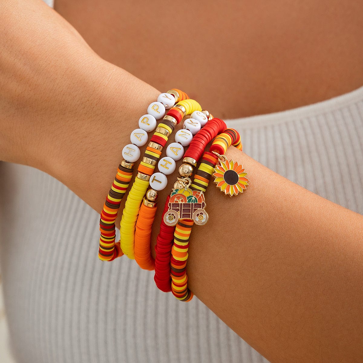 Thanksgiving Layered Sunflower Pumpkin Pendant Letter Polymer Clay Bracelet Set - ArtGalleryZen