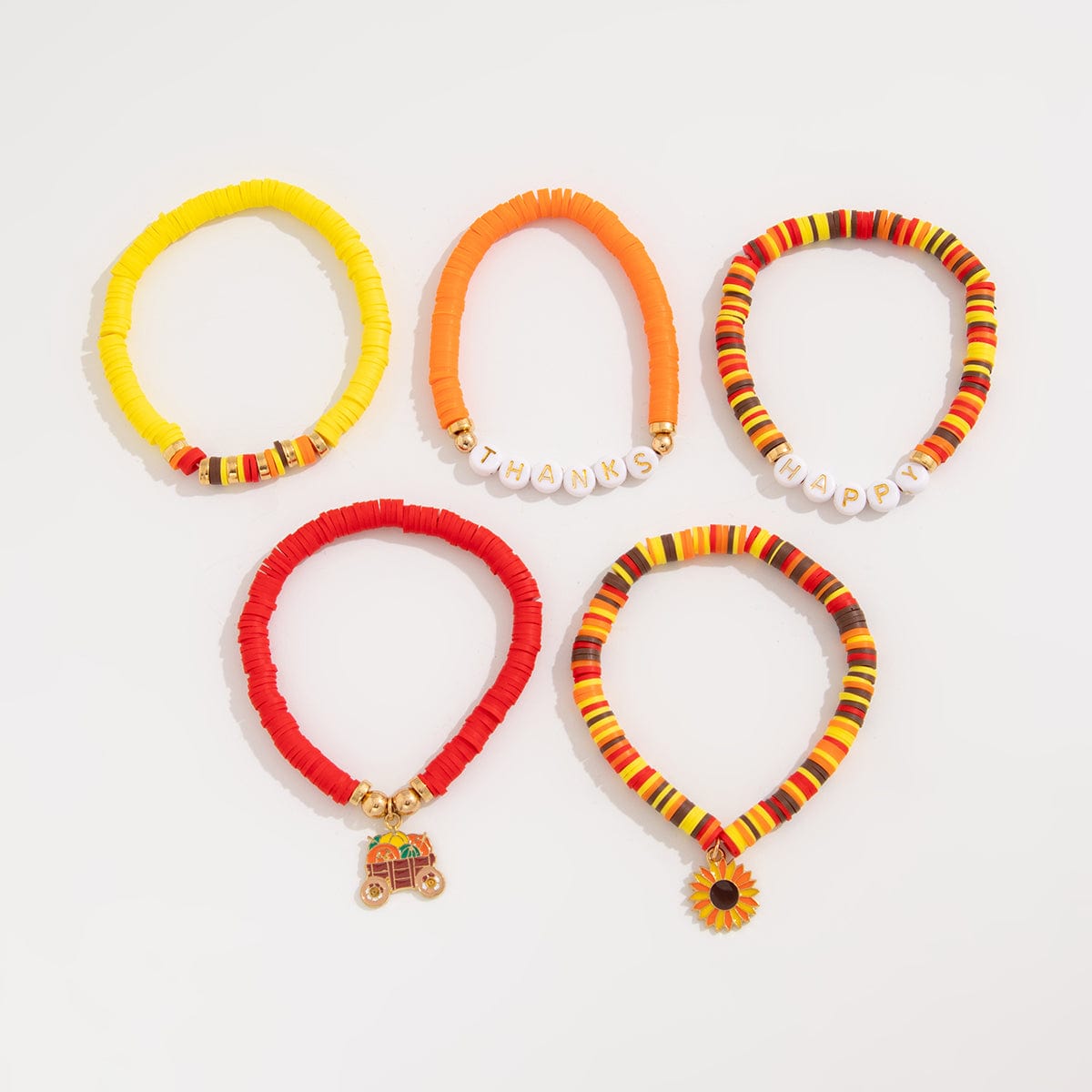Thanksgiving Layered Sunflower Pumpkin Pendant Letter Polymer Clay Bracelet Set - ArtGalleryZen