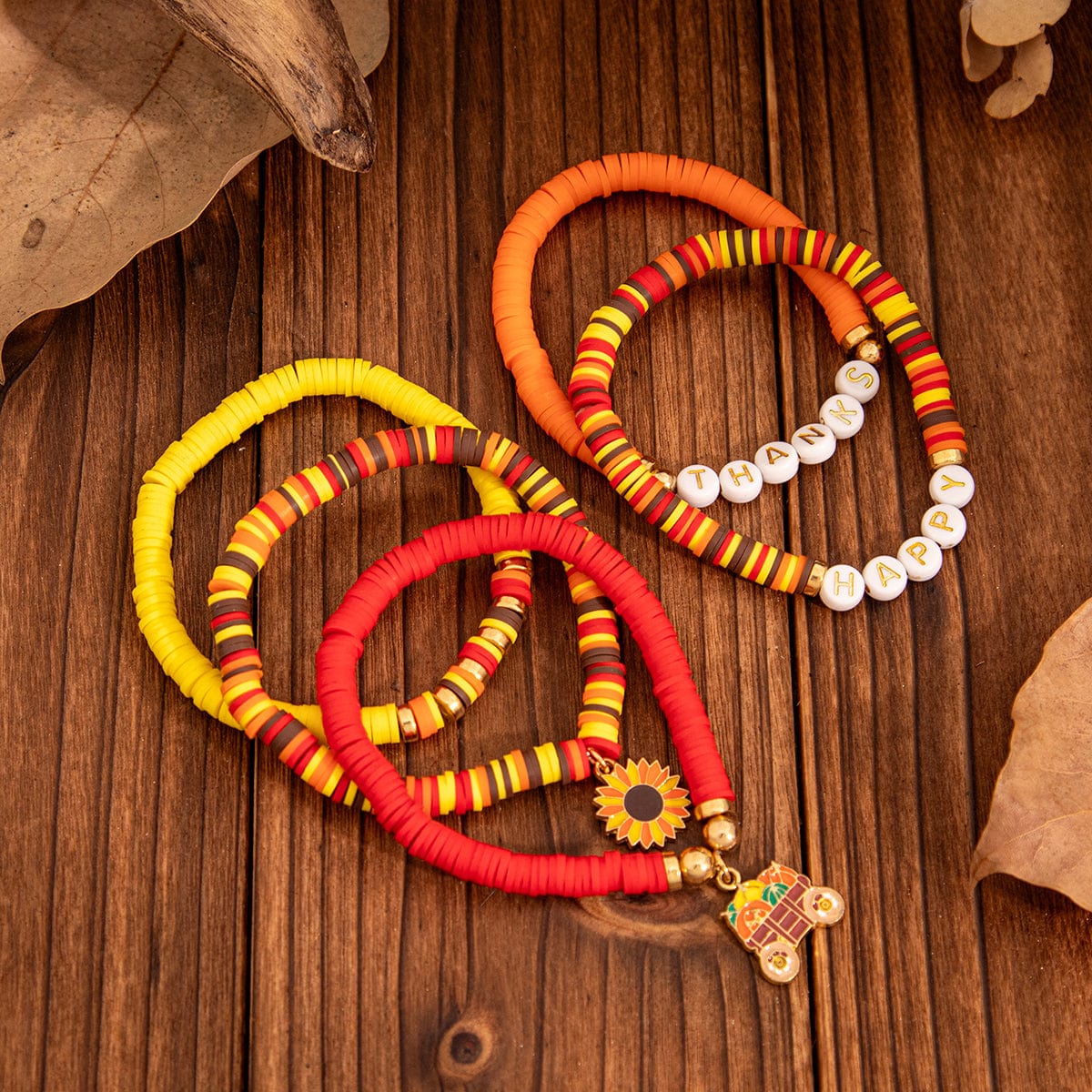 Thanksgiving Layered Sunflower Pumpkin Pendant Letter Polymer Clay Bracelet Set - ArtGalleryZen