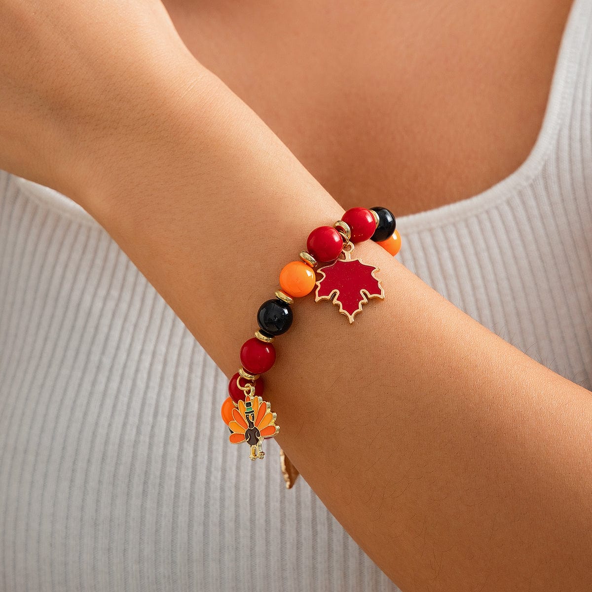 Thanksgiving Maple Leaf Pumpkin Turkey Pendant Acrylic Bead Bracelet - ArtGalleryZen