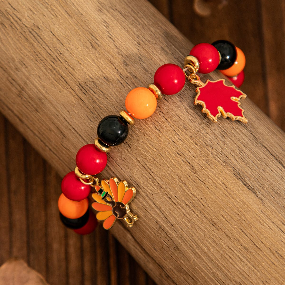 Thanksgiving Maple Leaf Pumpkin Turkey Pendant Acrylic Bead Bracelet - ArtGalleryZen
