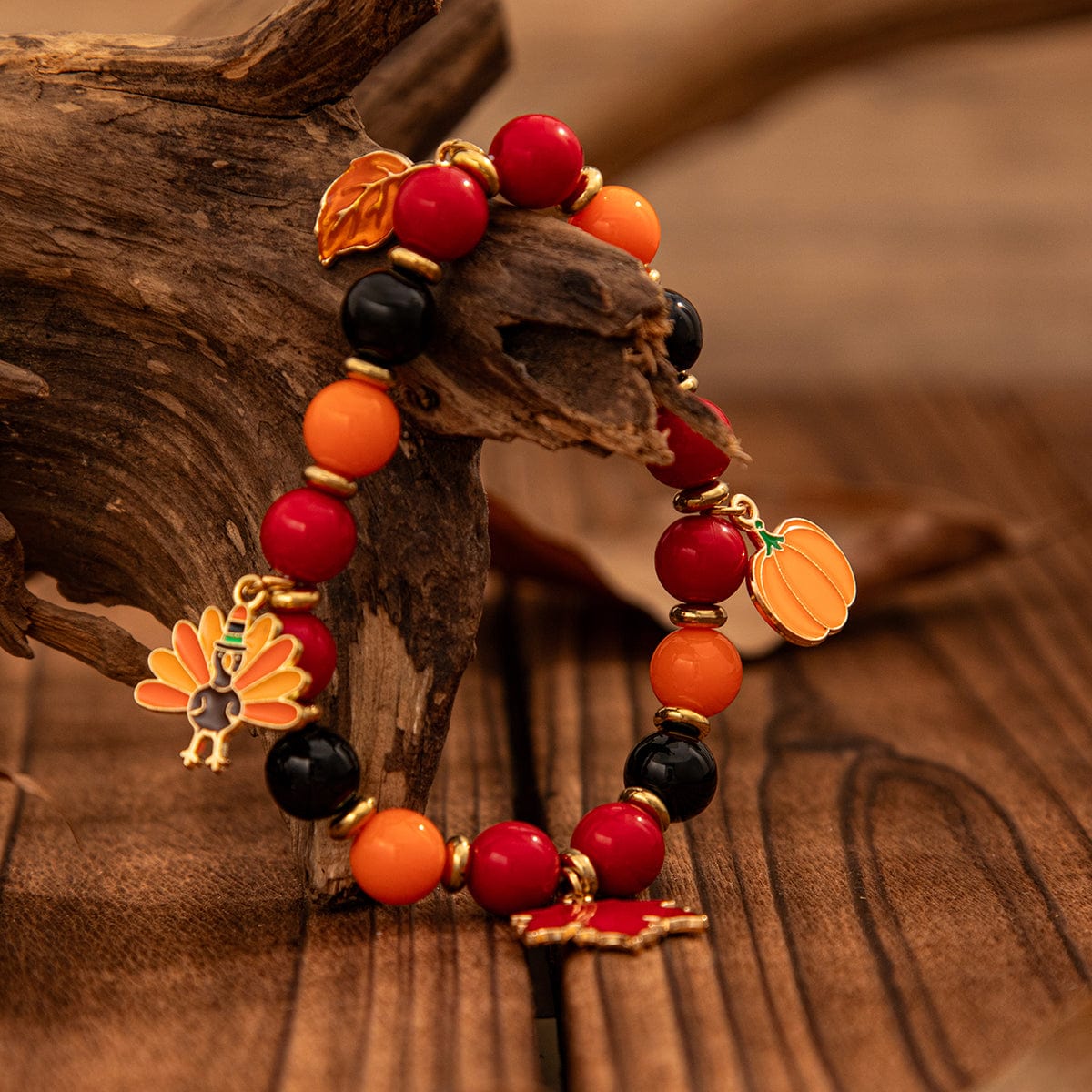 Thanksgiving Maple Leaf Pumpkin Turkey Pendant Acrylic Bead Bracelet - ArtGalleryZen