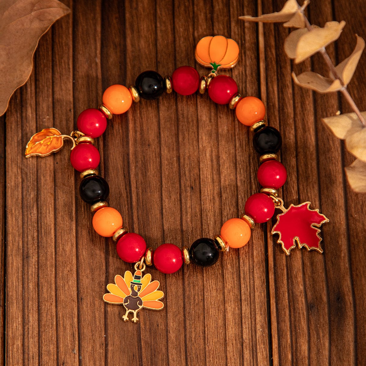 Thanksgiving Maple Leaf Pumpkin Turkey Pendant Acrylic Bead Bracelet