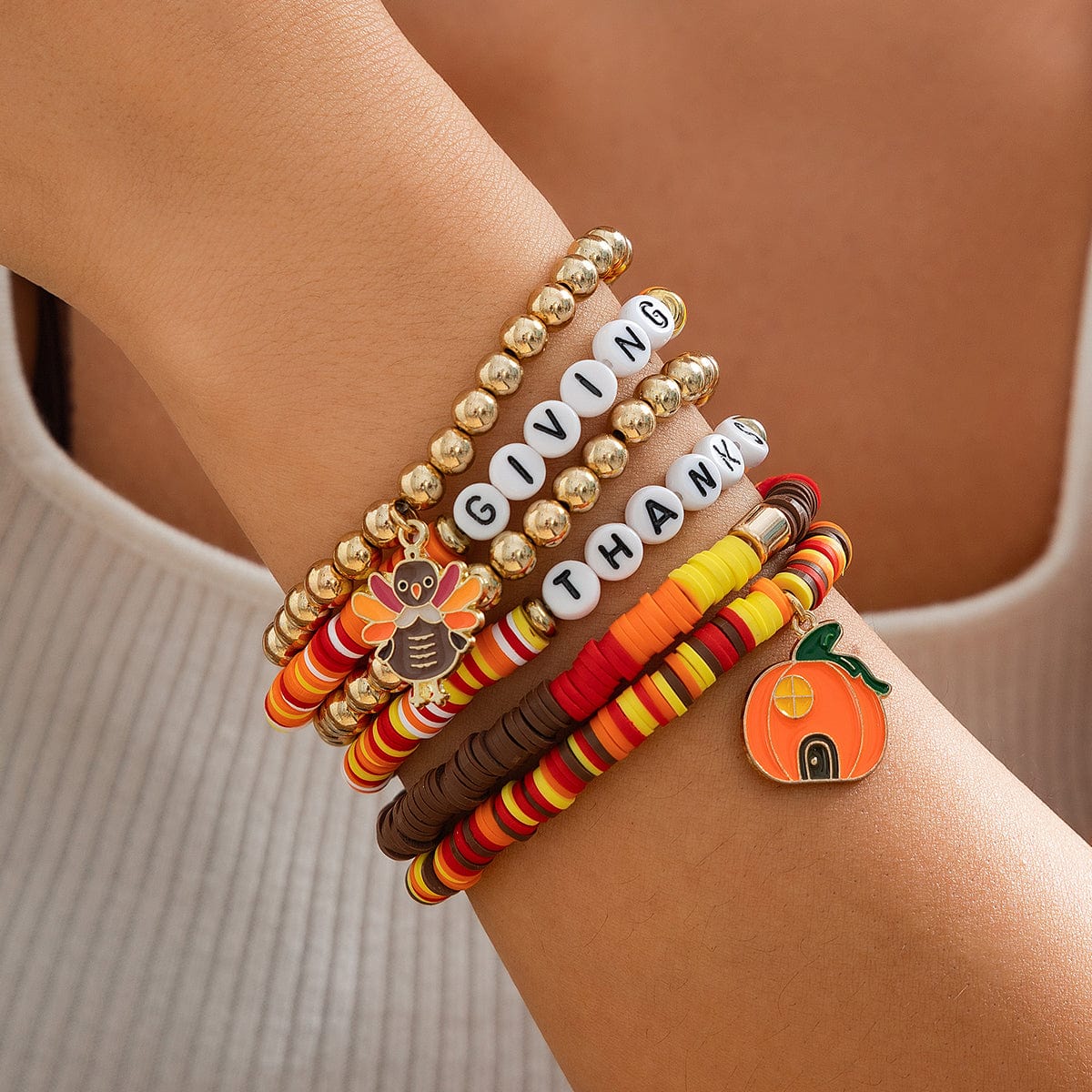 Thanksgiving Pumpkin Turkey Pendant Letter Polymer Clay Stackable Bracelet Set - ArtGalleryZen