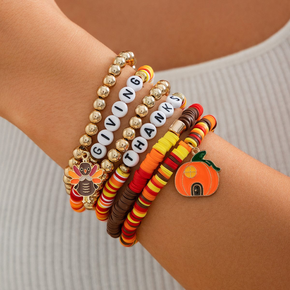 Thanksgiving Pumpkin Turkey Pendant Letter Polymer Clay Stackable Bracelet Set - ArtGalleryZen