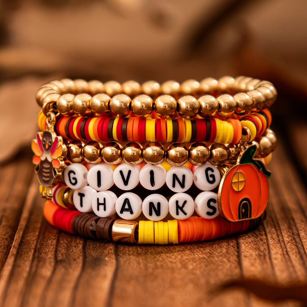 Thanksgiving Pumpkin Turkey Pendant Letter Polymer Clay Stackable Bracelet Set - ArtGalleryZen
