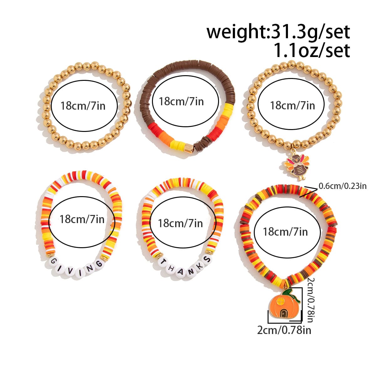 Thanksgiving Pumpkin Turkey Pendant Letter Polymer Clay Stackable Bracelet Set - ArtGalleryZen