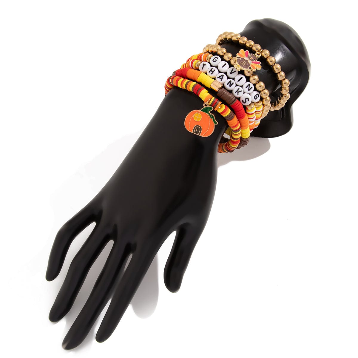 Thanksgiving Pumpkin Turkey Pendant Letter Polymer Clay Stackable Bracelet Set - ArtGalleryZen