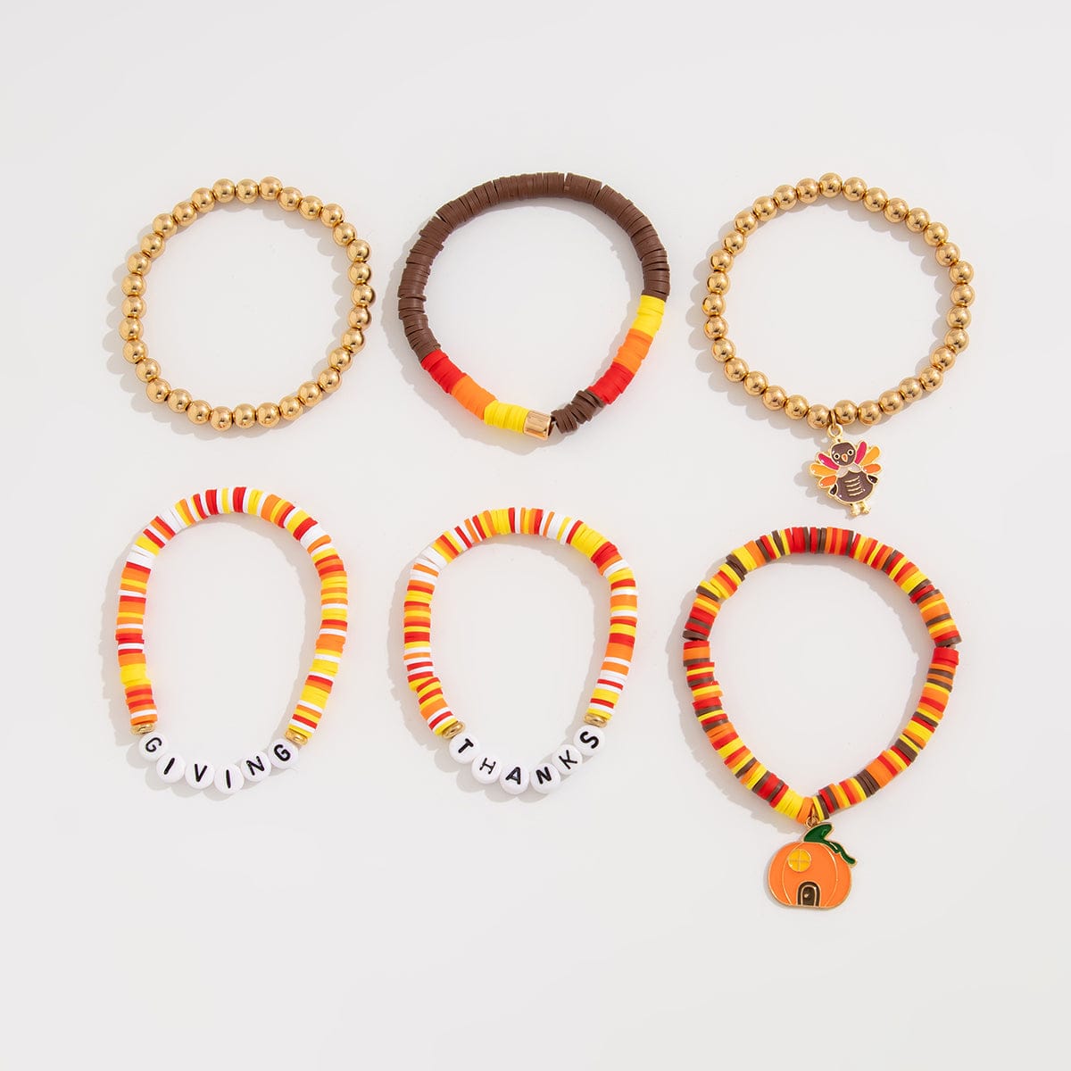 Thanksgiving Pumpkin Turkey Pendant Letter Polymer Clay Stackable Bracelet Set - ArtGalleryZen
