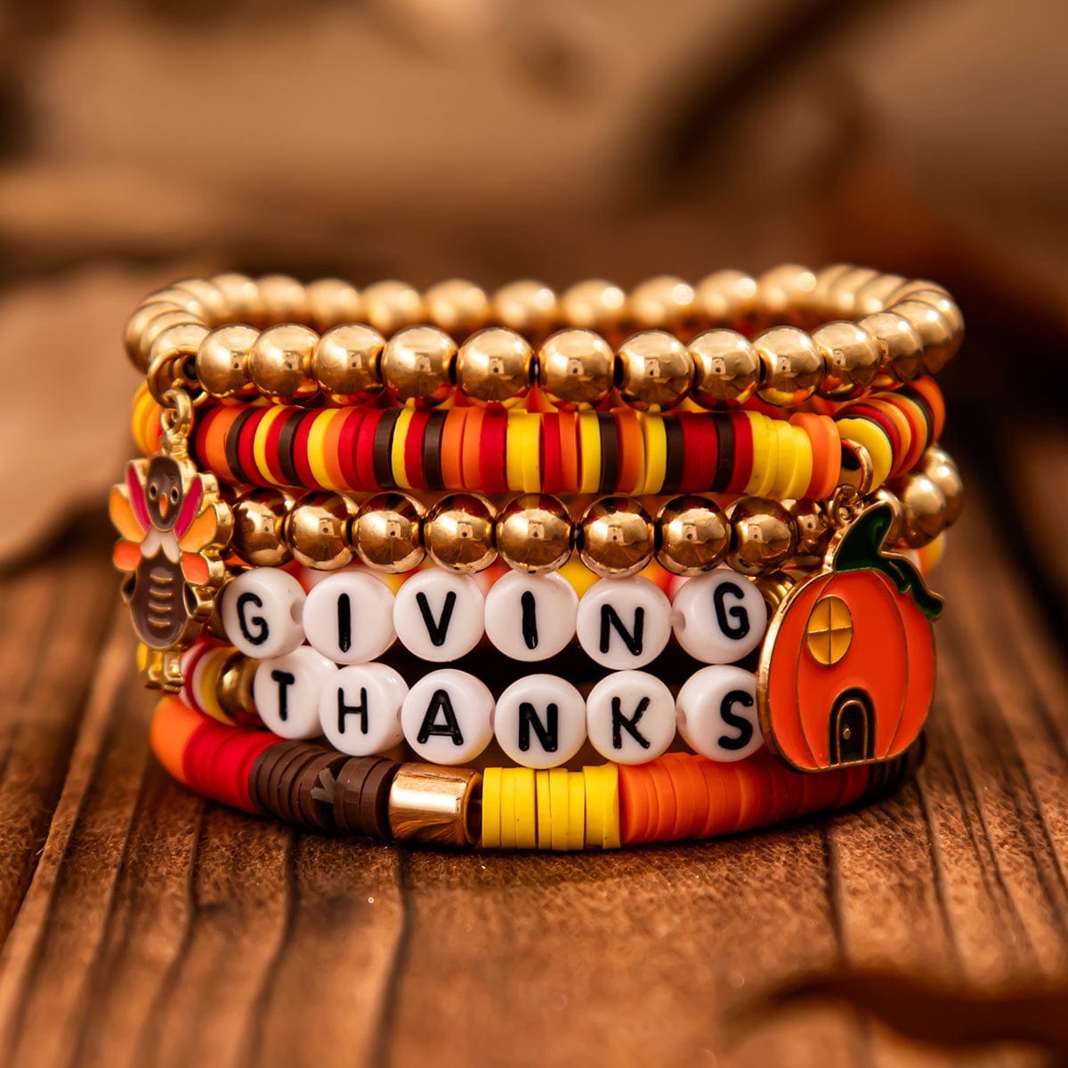 Thanksgiving Pumpkin Turkey Pendant Letter Polymer Clay Stackable Bracelet Set