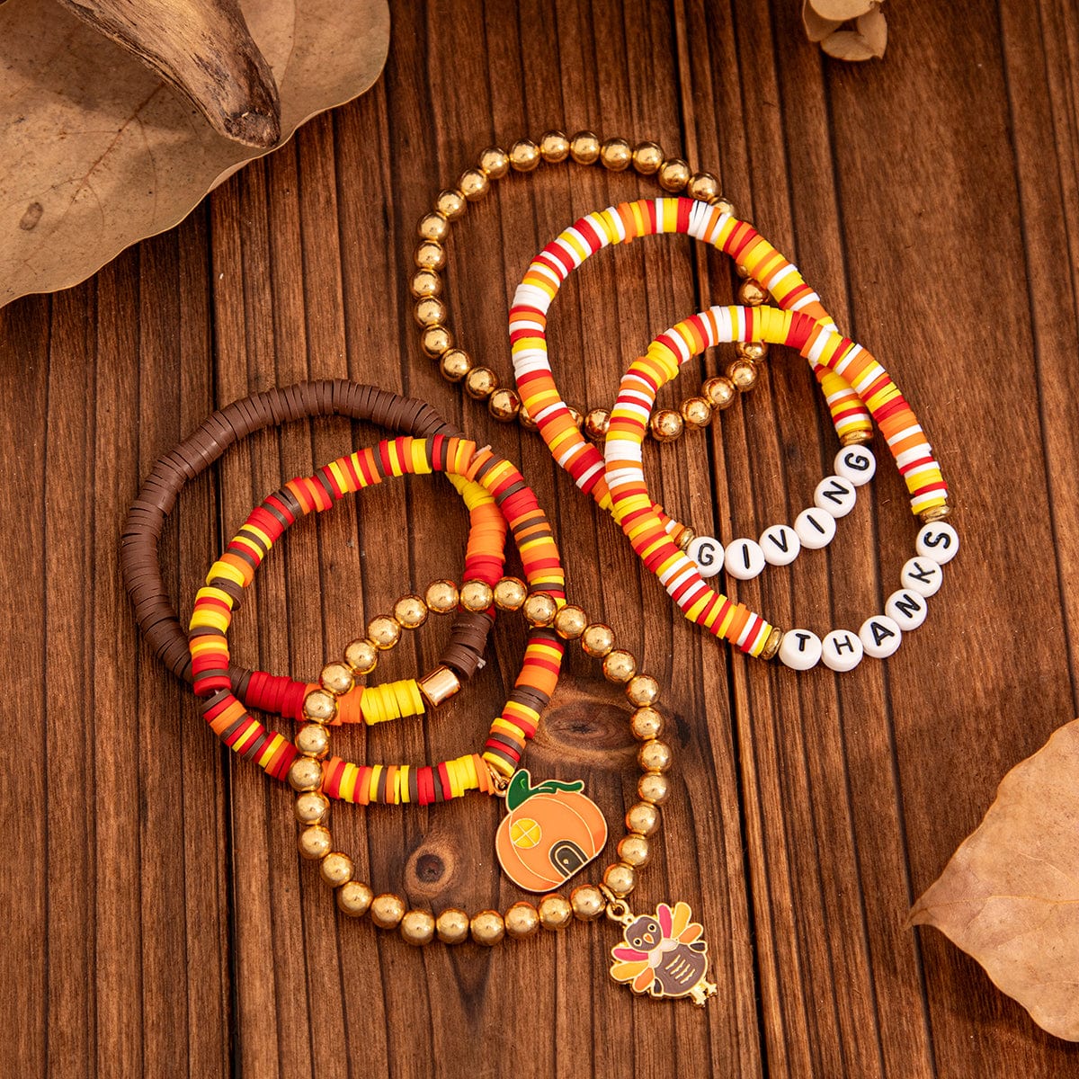 Thanksgiving Pumpkin Turkey Pendant Letter Polymer Clay Stackable Bracelet Set