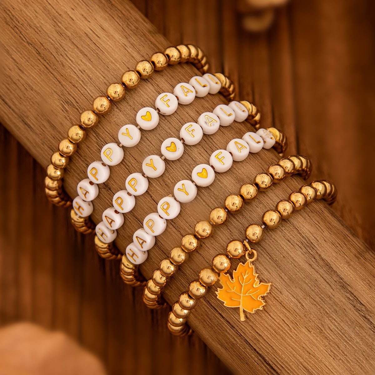 Thanksgiving Theme Maple Leaf Charm Letter Acrylic Beaded Bracelet Set - ArtGalleryZen