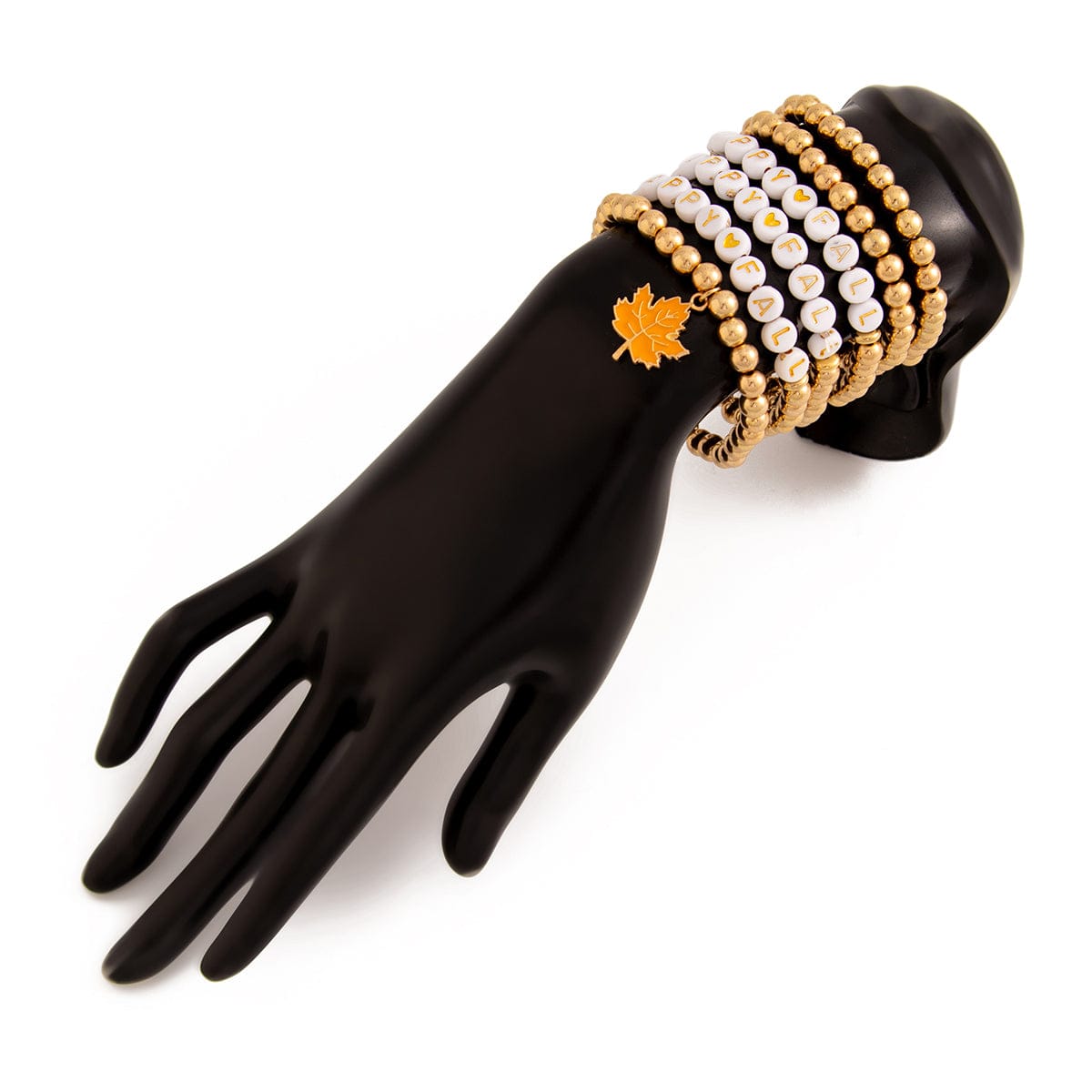 Thanksgiving Theme Maple Leaf Charm Letter Acrylic Beaded Bracelet Set - ArtGalleryZen