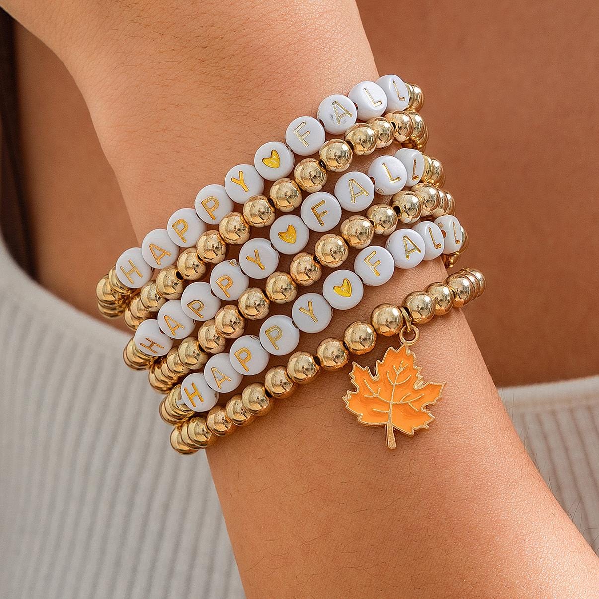Thanksgiving Theme Maple Leaf Charm Letter Acrylic Beaded Bracelet Set - ArtGalleryZen