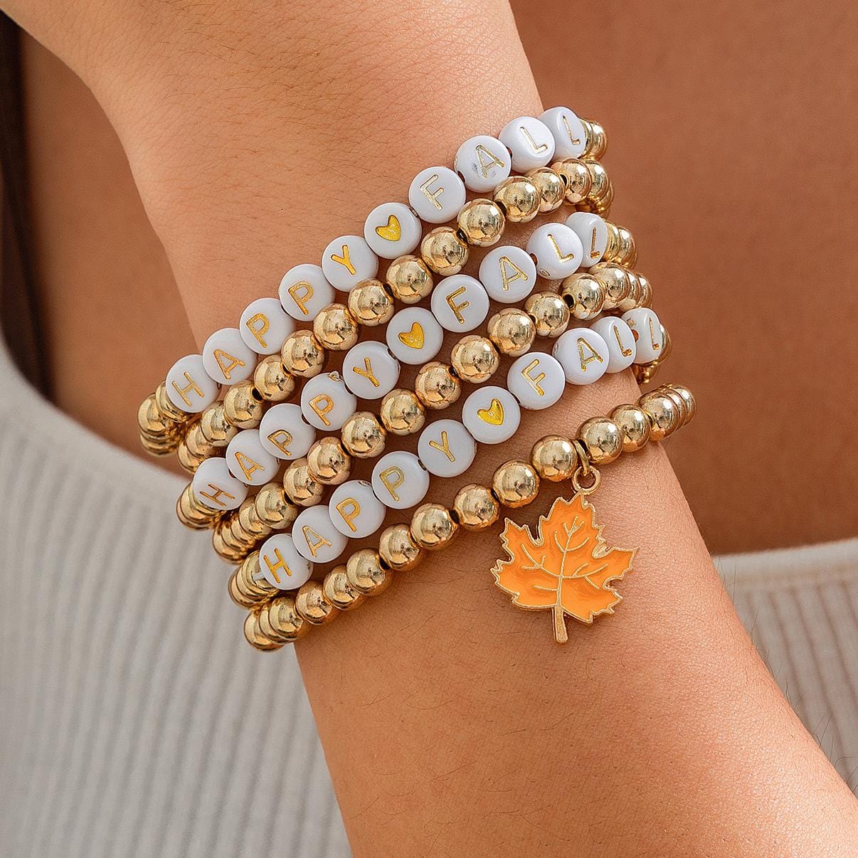 Thanksgiving Theme Maple Leaf Charm Letter Acrylic Beaded Bracelet Set