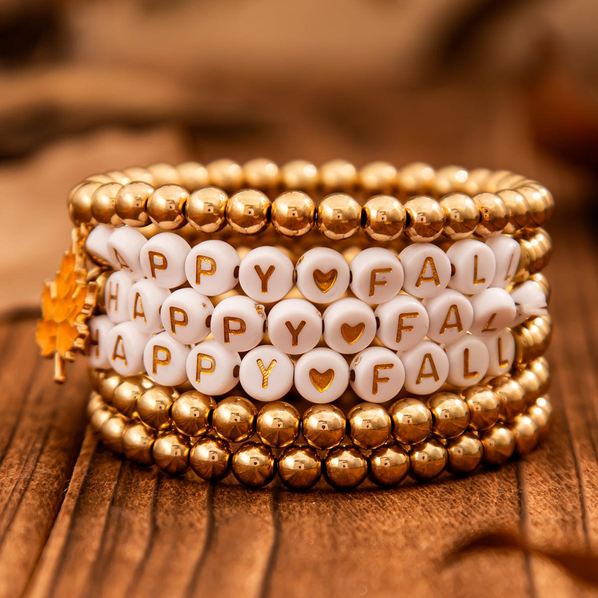 Thanksgiving Theme Maple Leaf Charm Letter Acrylic Beaded Bracelet Set